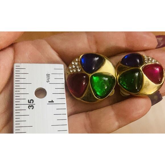 VGT Gripoix Glass Sapphire Emerald Ruby Cabochon Stone Gold Tone Hoop Earrings - Picture 5 of 5